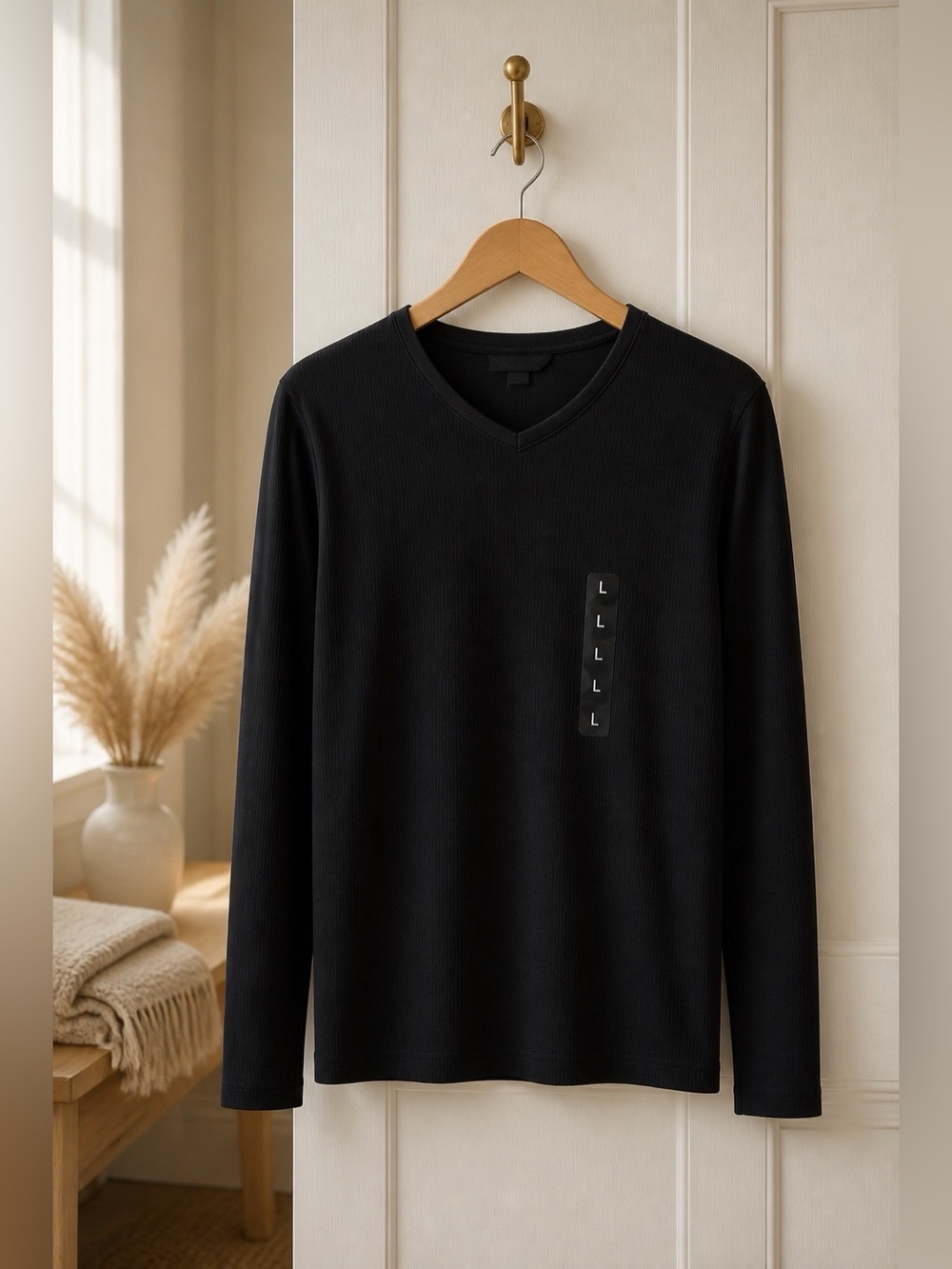 Structure Black Ribbed V-Neck Long Sleeve Top